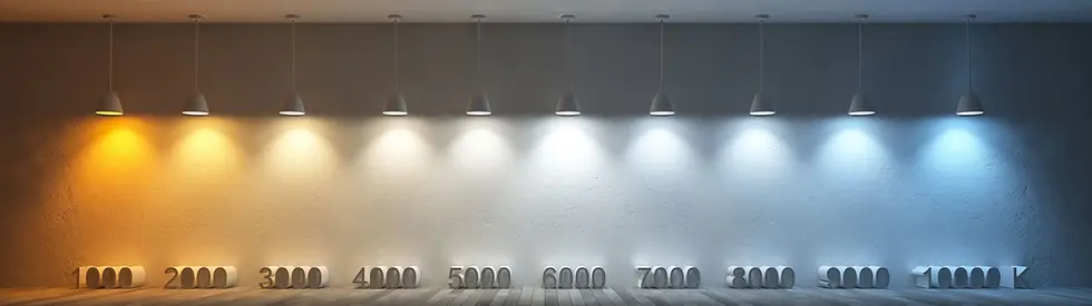 Pendant lights display a spectrum from warm to cool white. Numbers 1000 to 10000K mark color temperatures on the floor beneath.
