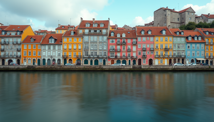 Eye-level view of traditional Portuguese houses along the Douro River in Porto
