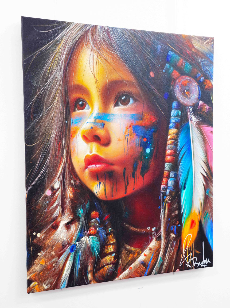 Tableau contemporain de Vincent Bardou représentant une jeune fille indienne d’Amérique en style pop art et street art.