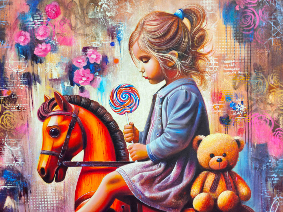 Tableau poétique et moderne de Vincent Bardou, représentant une fillette à la sucette assise sur un cheval à bascule, œuvre f