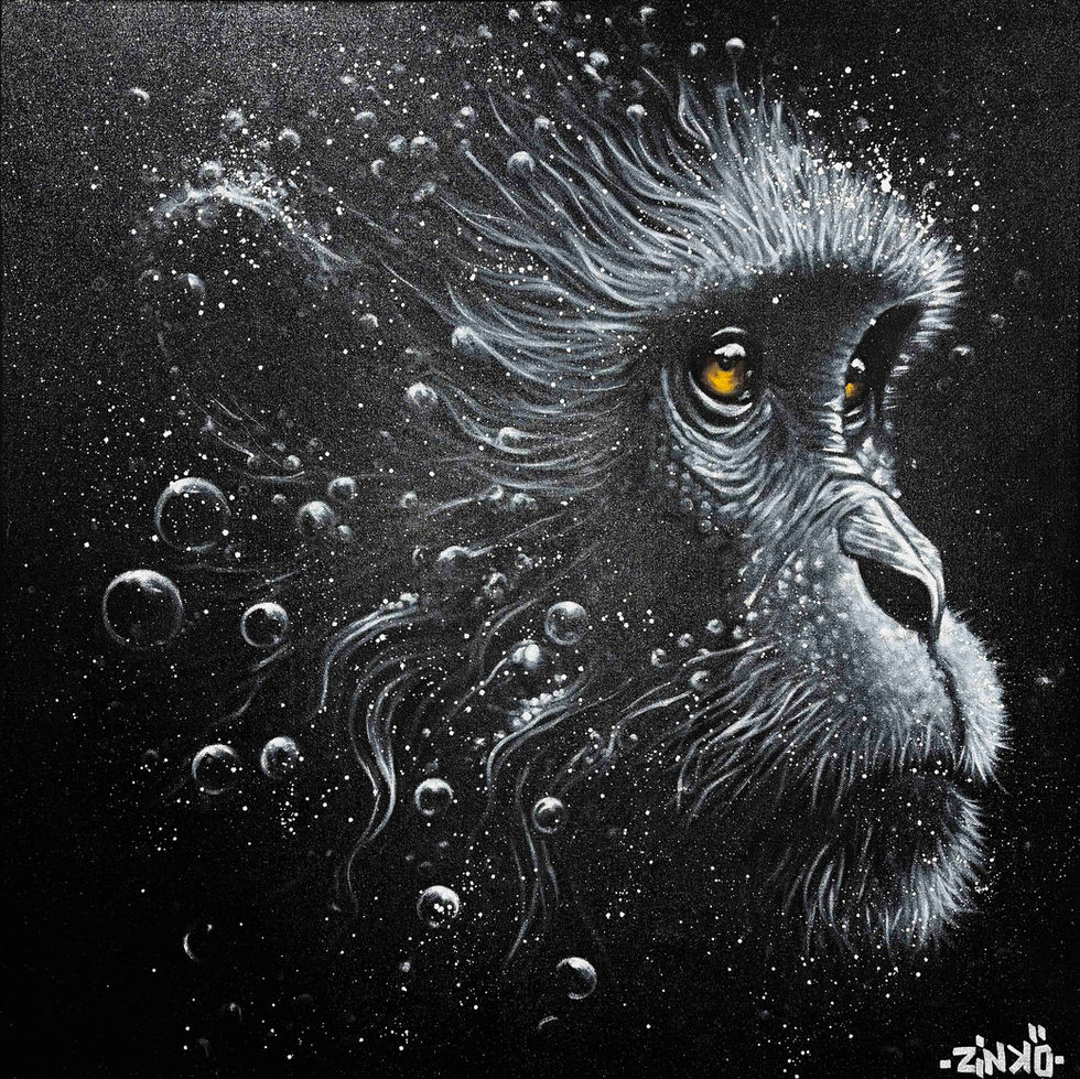 Tableau art contemporain Singe – Lueur Primitive par Zin Kao, peinture moderne noir et blanc, animal représenté en gouttes d’