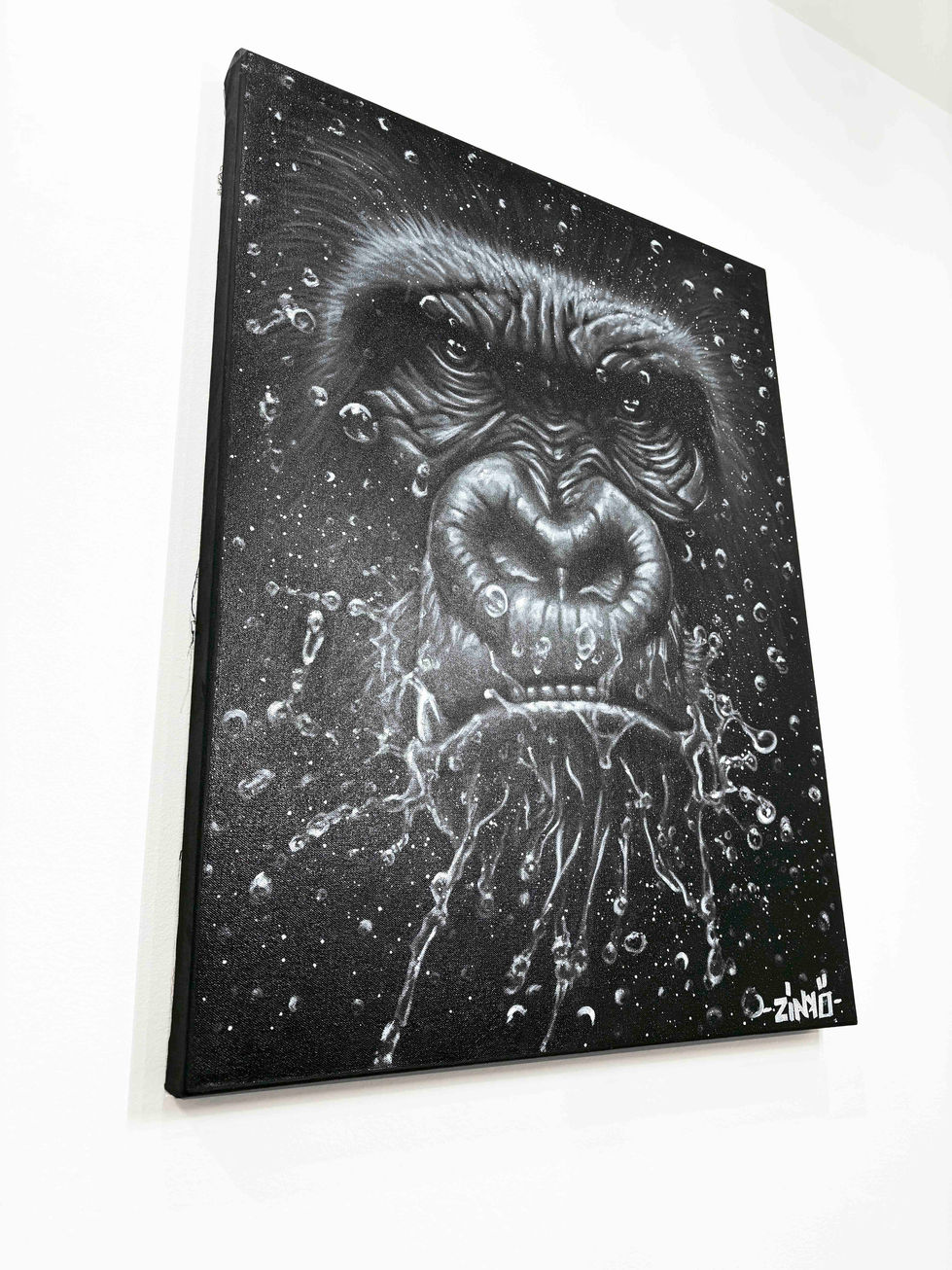 Peinture moderne contemporaine Esprit Sauvage du Gorille de Zin Kao, œuvre originale noir et blanc, portrait de gorille peint