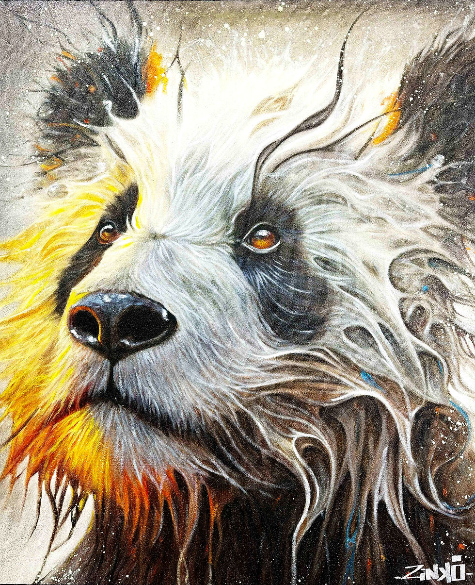 tableau panda réaliste , peinture artistique animalière contemporain , panda mouillé abstrait