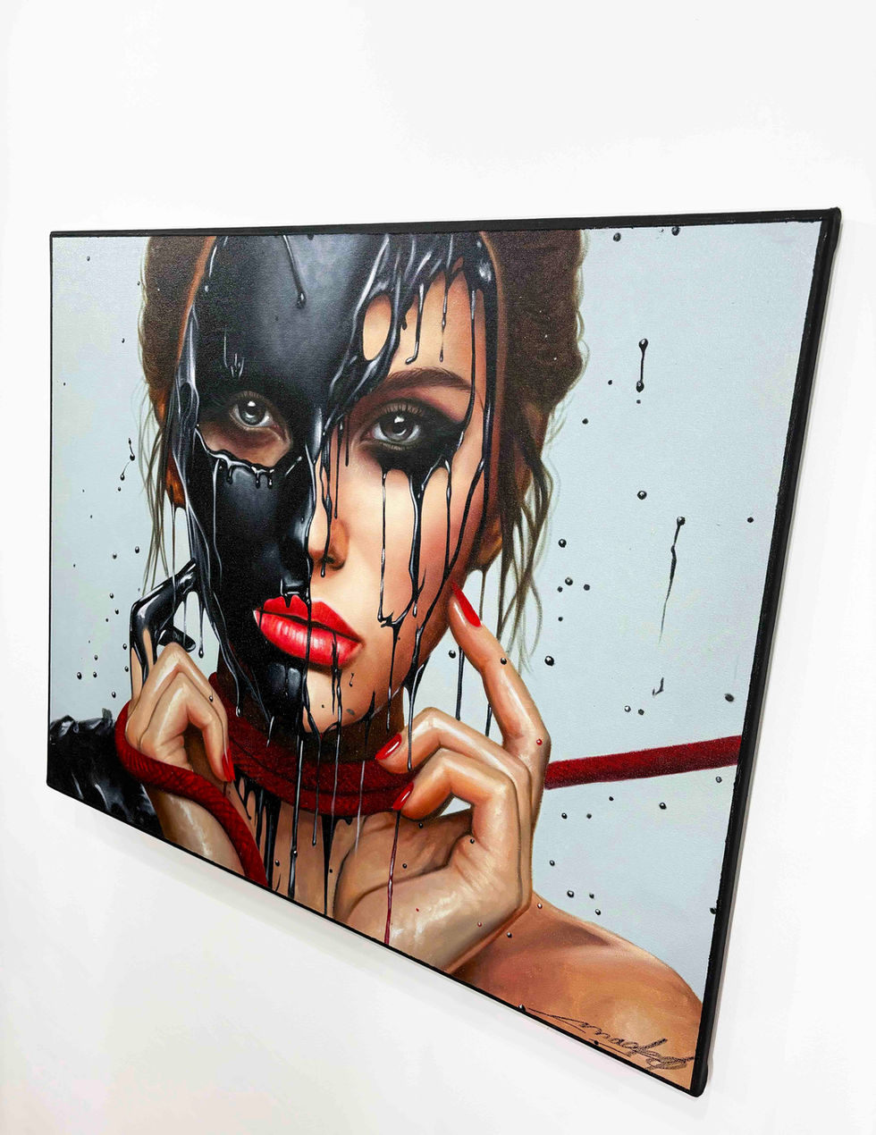 Peinture à l’huile portrait de femme glamour, approche réaliste et abstraite mêlée, œuvre d’art contemporaine moderne rouge e