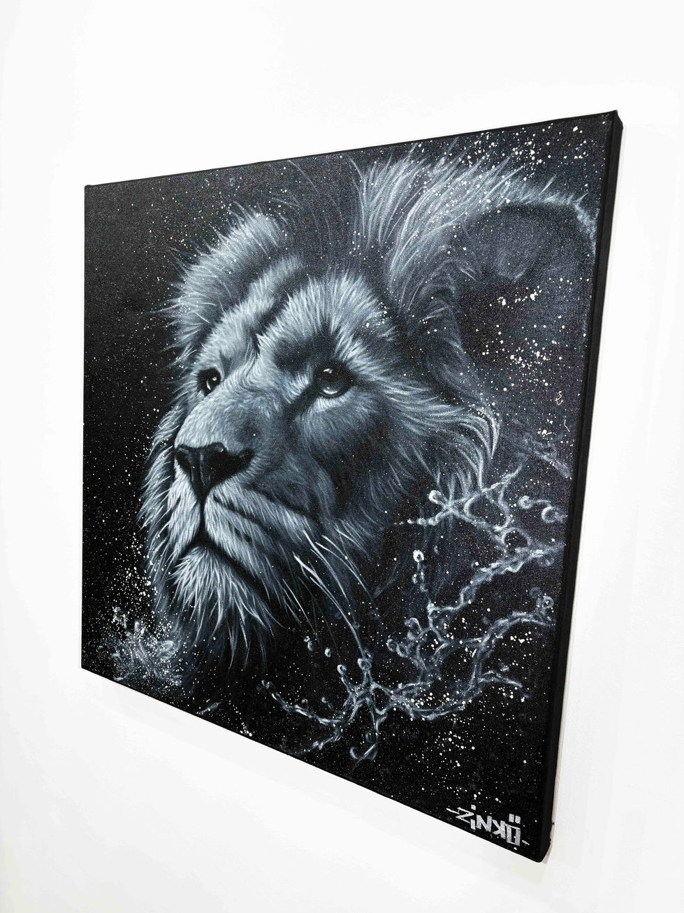 Tableau œuvre d’art moderne Silence du Roi Lion, peinture contemporaine originale noir et blanc, lion représenté en gouttes d