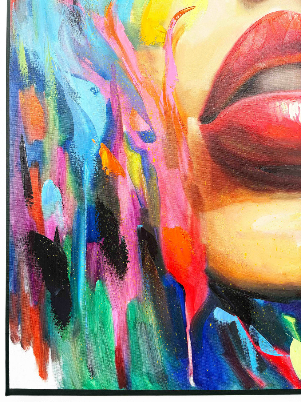 Tableau portrait de femme coloré contemporain « Color of Life » réalisé au couteau par ZAWART, avec matière texturée, lèvres