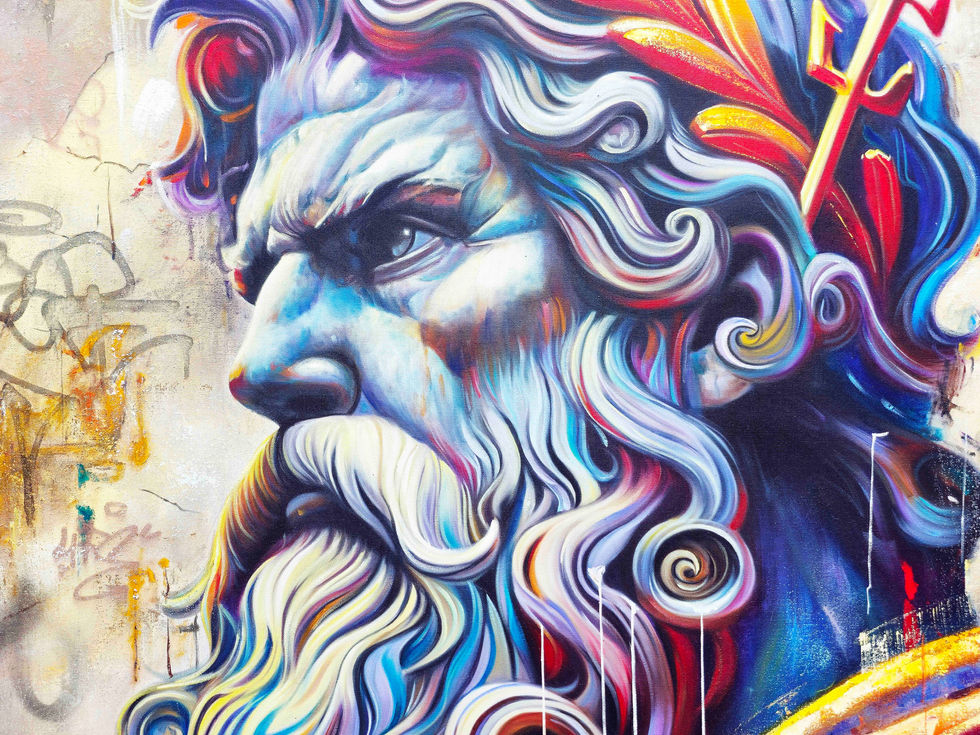 Zeus revisité en art contemporain par Vincent Bardou, mélange de réalisme et d’énergie urbaine.