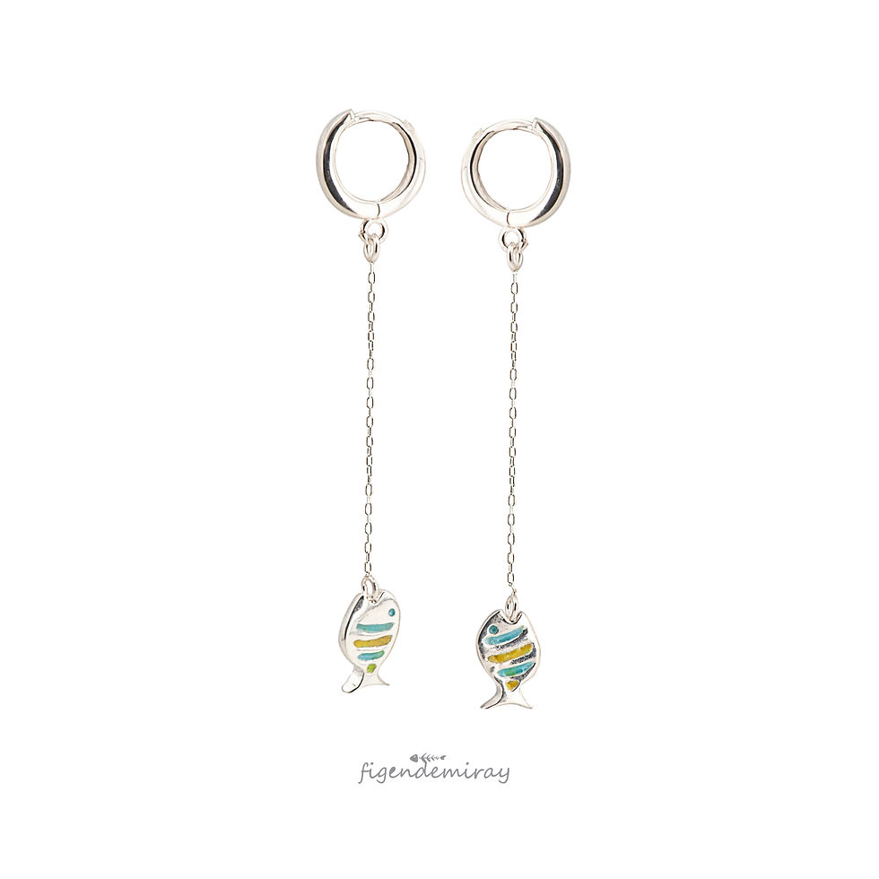 Gümüş Küpe Oltada Çizgili Tombul Balık Bebek Mavi-Sarı Mineli