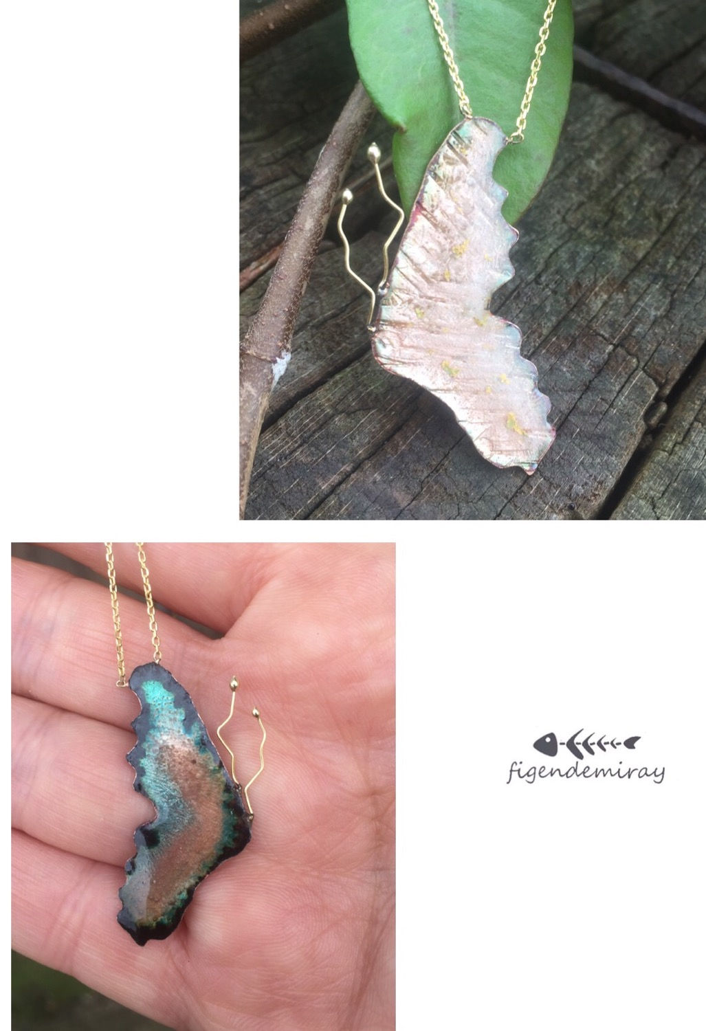 Bakır Kelebek Kolye Çift Yönlü Altın Varak-Gökkuşağı