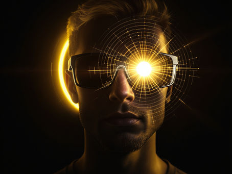 Person wearing glossy black smart glasses with concentric EMF rings ripple out.