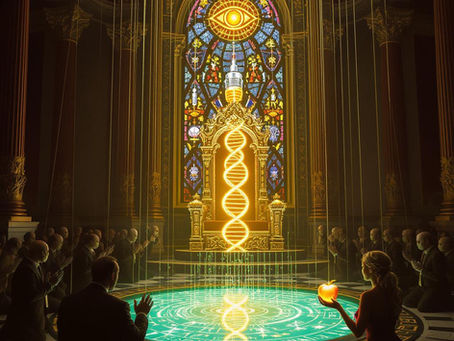 A gilded throne room with no king or queen — just a glowing DNA helix on the throne, surrounded by elite figures in ceremonial masks kneeling in devotion.