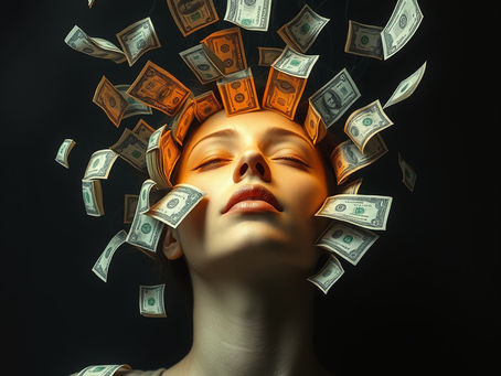 A woman mesmerized as streams of money flow from her ego-driven mind, symbolizing the hypnotic grip of materialism on her thoughts.