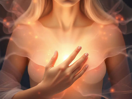 Woman holding hand over her glowing heart and soul