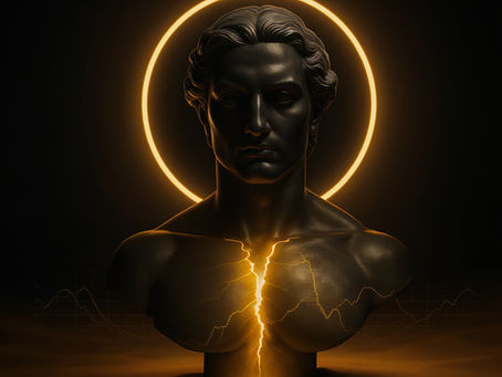 Visible crack down the chest of a statue where a warm golden light pours out.