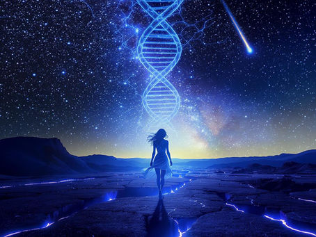 A silhouetted figure walking across a cracked, glowing terrain under a cosmic sky. DNA strands subtly woven into the Milky Way above, like constellations. In the sky: a comet streaking across the horizon (symbolizing 3I/ATLAS).