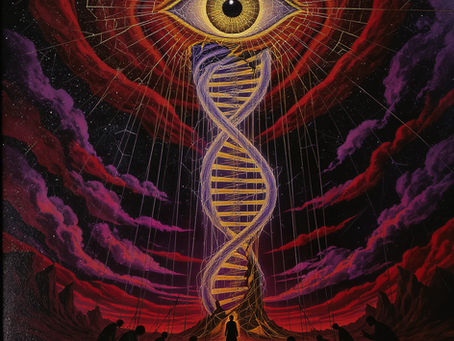 Glowing double helix of DNA rising like a sacred pillar, partially shattered and tangled with puppet strings that attach to shadowy figures.