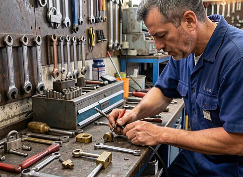 Technician in blue uniform working on a lock component at a well-equipped workshop bench covered with spanners and tools