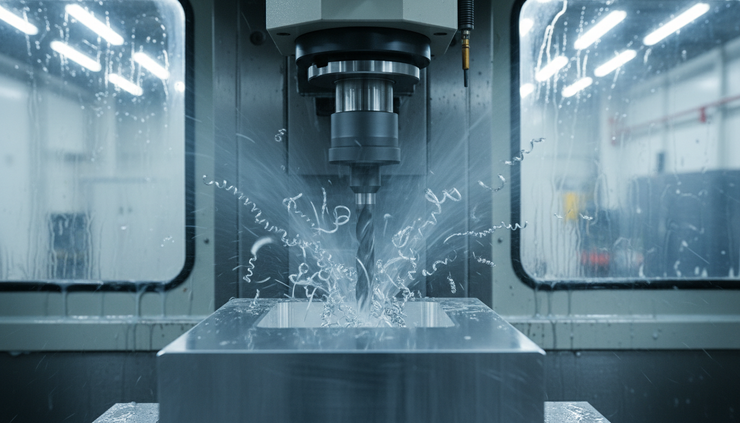 Close-up view of a CNC tool cutting a pocket into an aluminum part