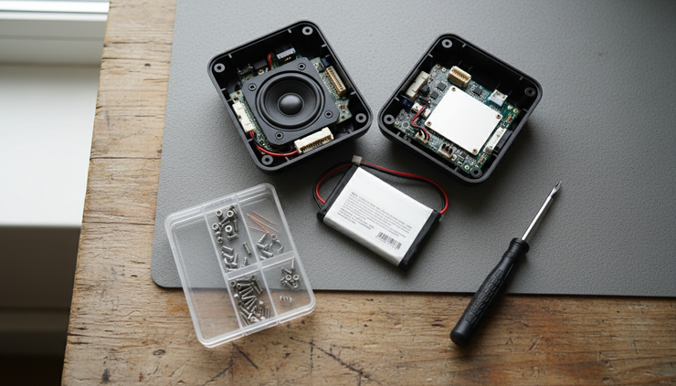Overhead view of a modular smart speaker being repaired on a home workbench