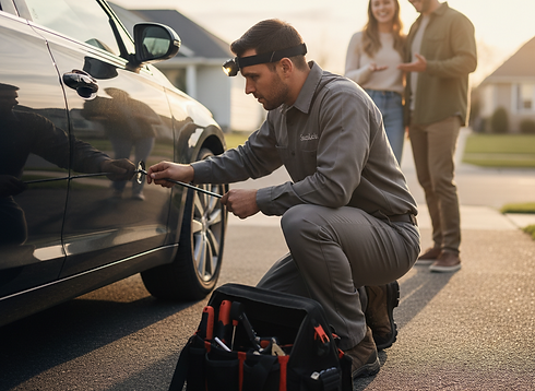 Mobile locksmith unlocking car door for couple