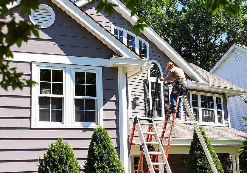 A contractor wearing a hard hat works on a residential house exterior from a stepladder