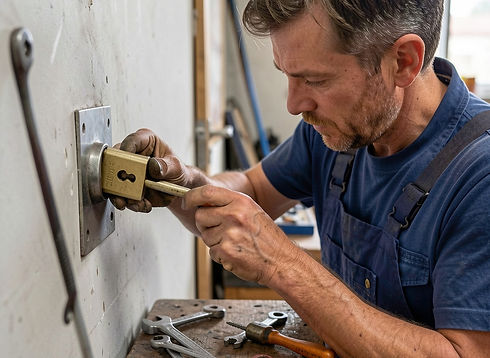 Technician in overalls using a tool to force open a brass padlock mounted on a metal plate on a wall