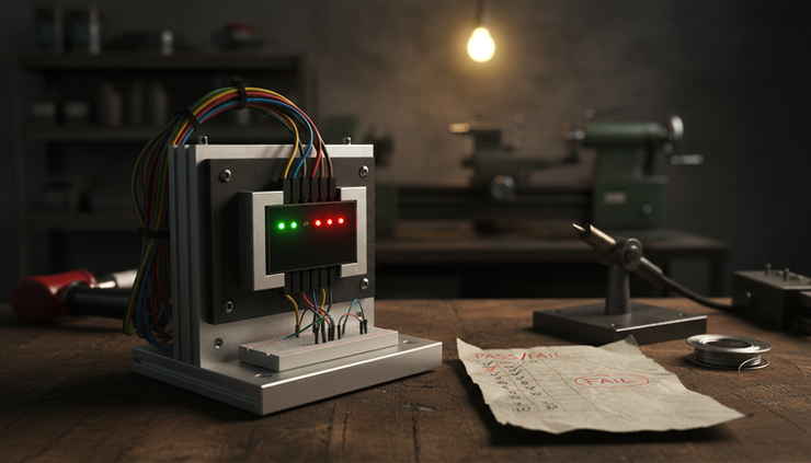 Eye-level view of a compact test fixture holding a small electronic device.