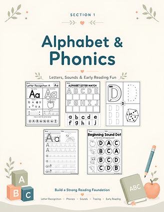 Printable alphabet and phonics worksheets for preschool and kindergarten with letter recognition, beginning sounds, tracing a