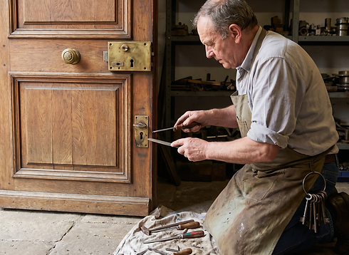 Senior locksmith in an apron repairing an antique brass lock on a large wooden door with tools laid out on the floor