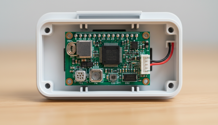 Close-up of a compact circuit board inside a small smart home sensor