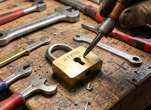 English:
"Gloved hand using a screwdriver and hammer to work on a brass padlock on a wooden workbench surrounded by tools.