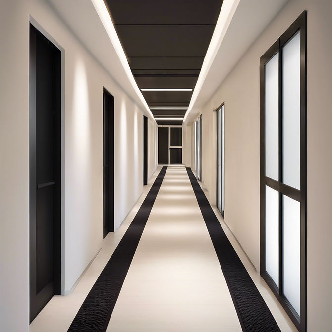 long hallway of 4 rooms on right side and 3 rooms on the other side, black ceilings tile