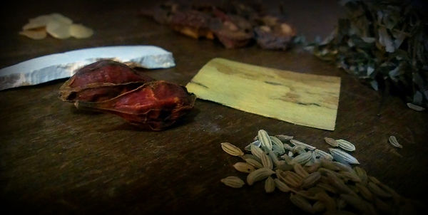 Chinese herbs on a wooden surface.