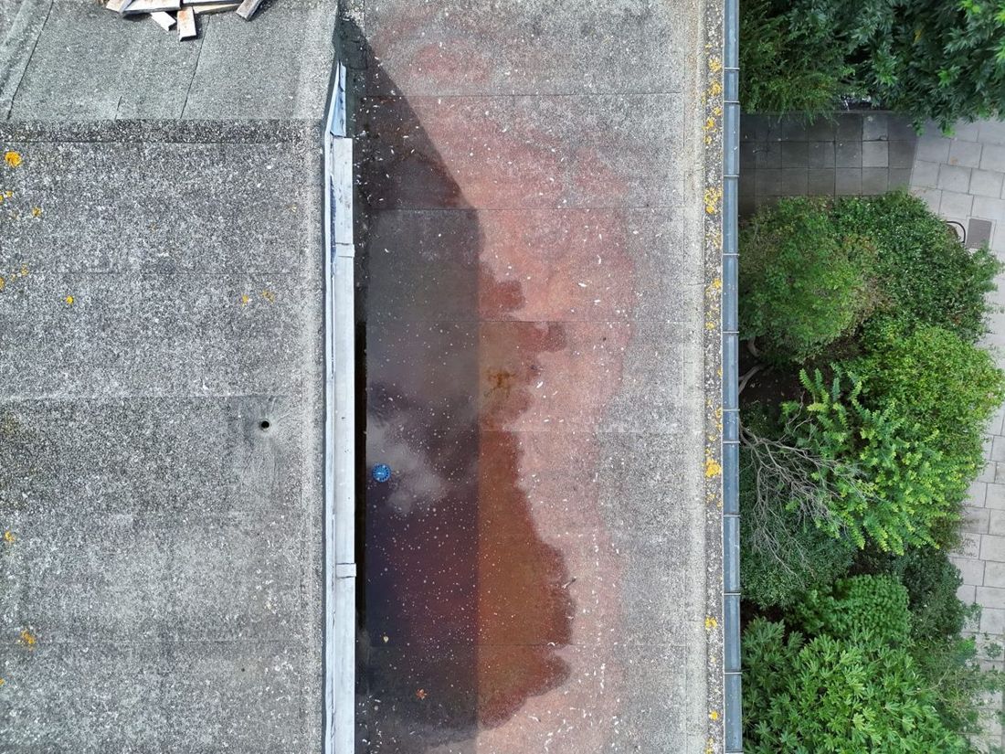 Standing water and algae staining in the shaded channel behind a clerestory