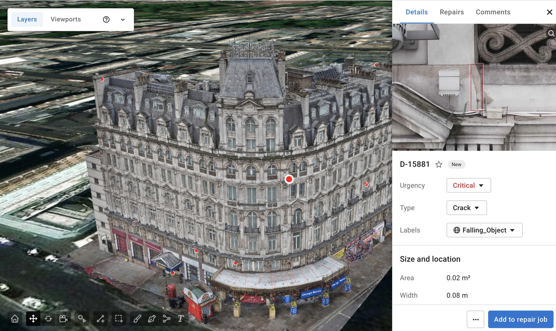 3D drone model of a West End building with red defect markers and a critical crack highlighted