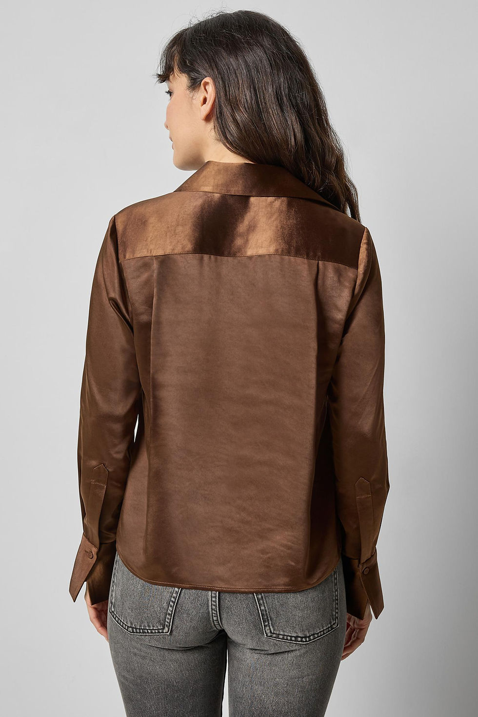 Thumbnail: LILLA P SATIN BUTTON DOWN TOP CHOCOLATE