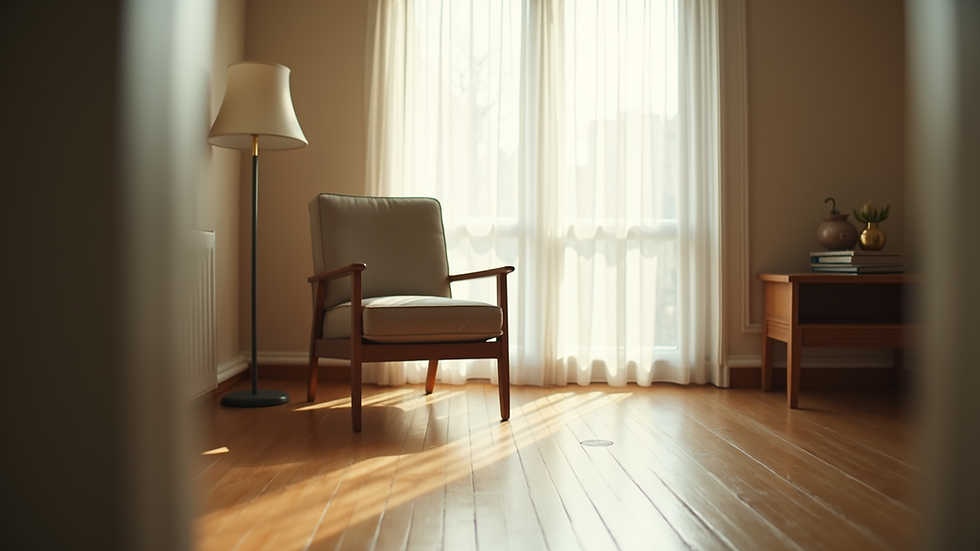Eye-level view of a quiet room with soft natural light and a comfortable chair