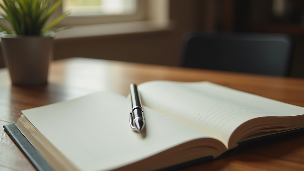 Close-up view of a journal and pen on a wooden table, symbolizing self-reflection