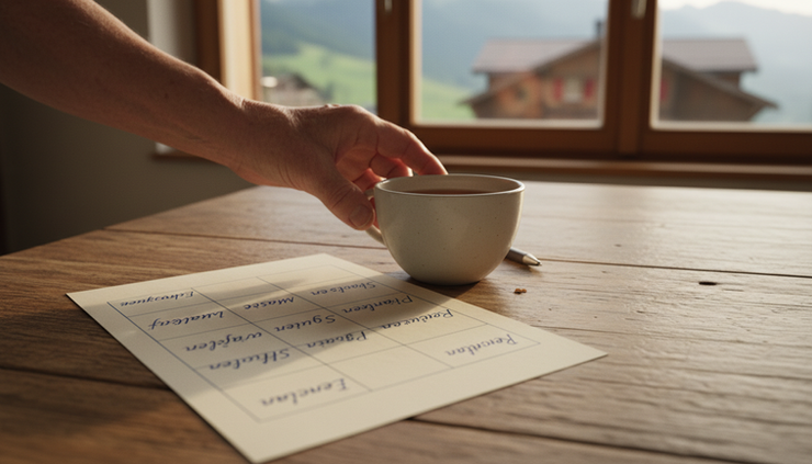 Close-up of a hand placing a cup of tea beside a handwritten household checklist