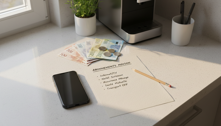 Overhead view of a kitchen counter with a phone, handwritten subscription list and Swiss franc notes