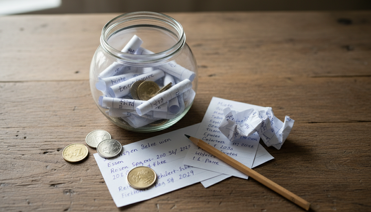 Overhead view of a household money jar, handwritten budget notes and a few Swiss coins on a wooden surface.