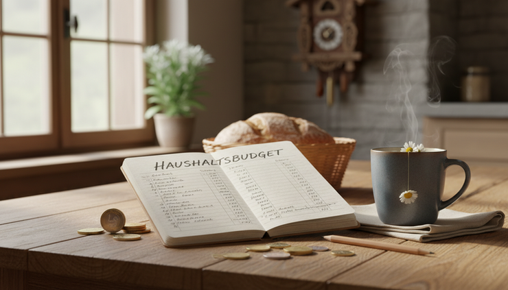 Eye-level view of a kitchen table with a notebook, Swiss franc coins, a pencil, and a cup of tea.