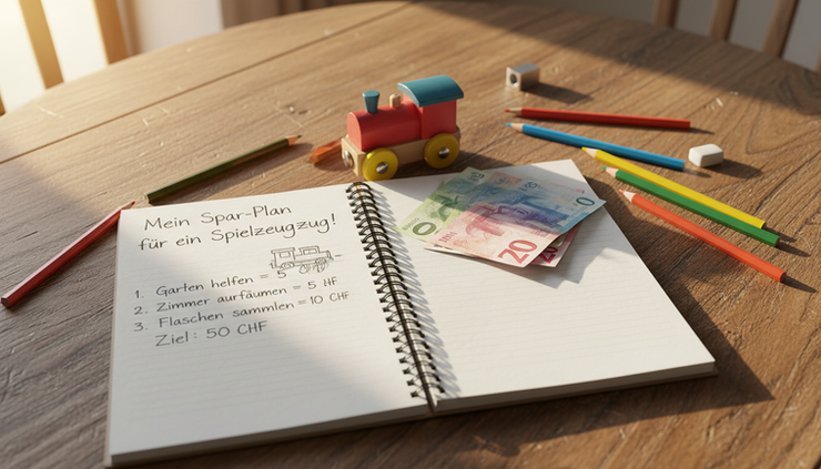 Eye-level view of a simple notebook showing a child savings plan next to a toy train and Swiss franc notes