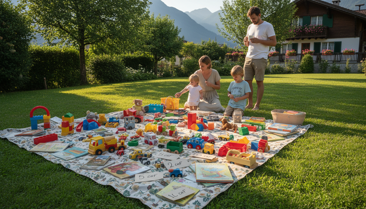 Augenhöhe auf einen kleinen Spielzeug-Flohmarkt im Garten mit beschrifteten Preisen