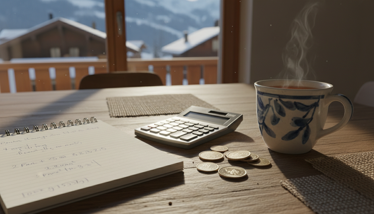 Eye-level view of a family table with a notebook, calculator, coins and a cup of tea