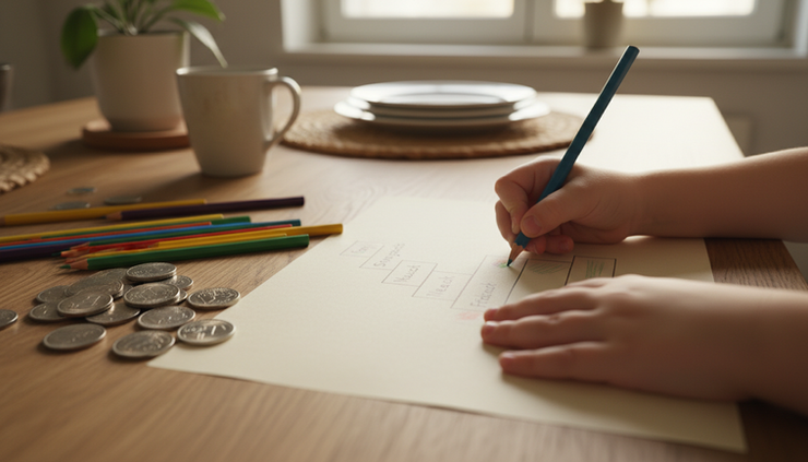 Nahaufnahme von Kinderhänden, die eine bunte Sparleiter auf Papier ausmalen