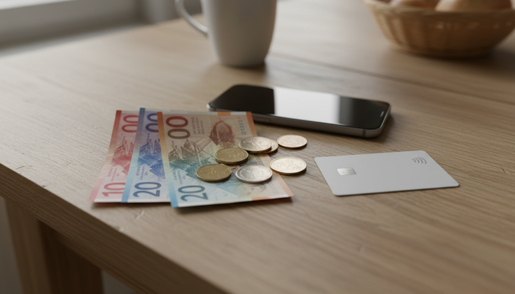 Eye-level view of Swiss banknotes, coins and a contactless payment card beside a smartphone on a kitchen table.