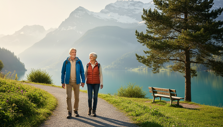 Wide-angle view of an older couple walking on a lakeside path with mountains in the background