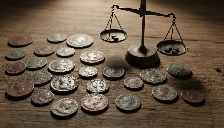 Close-up of ancient metal coins lying beside a small balance scale on a wooden table.
