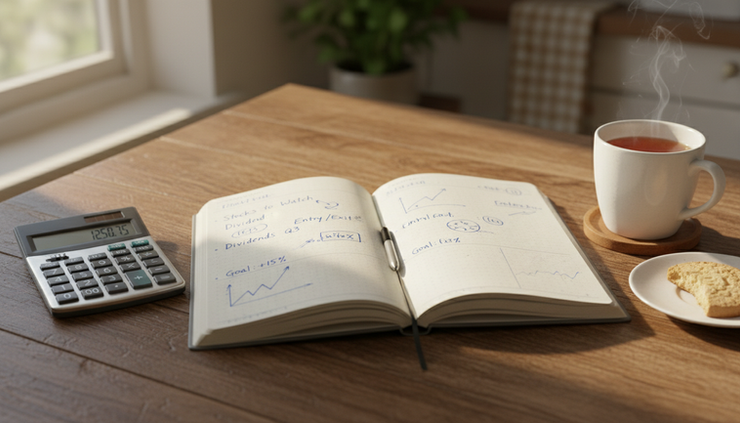 Nahaufnahme einer handschriftlichen Depotnotiz neben einem Taschenrechner.